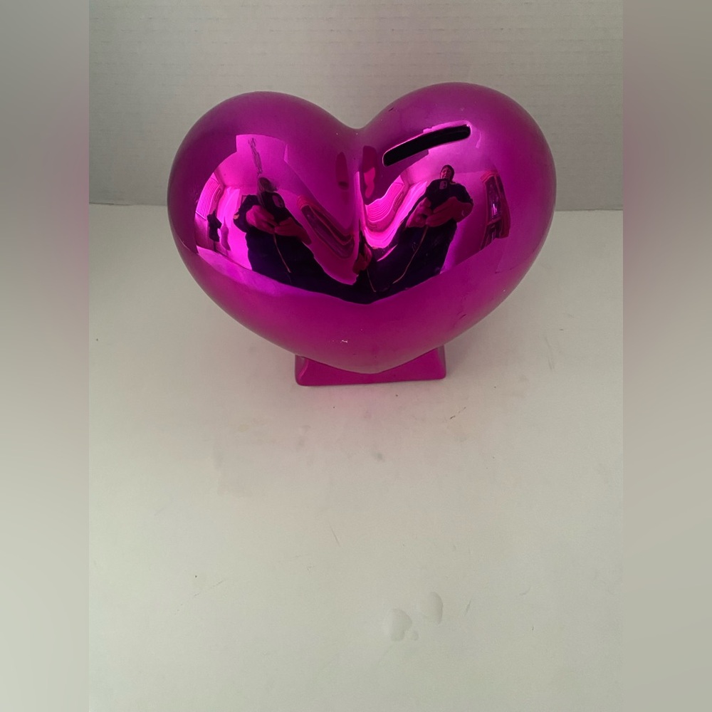Target Metallic Mirrored Hot Pink Heart Bank. Approximately 7” Wide & 7.5” Tall